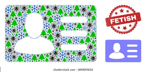 Tarjeta de cuenta de usuario de composición de Winter Covid y sello de marca de rosette rojo fetiche. La tarjeta de cuenta de usuario de la colección se hace con los iconos Covid, fir tree y frost. El sello rojo fetiche usa forma de rosette.