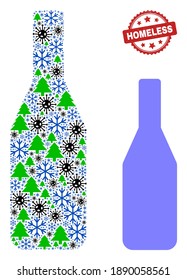 Bola de vino de composición de Winter Covid y el sucio sello de rosette rojo sin hogar. La botella de vino de colección está construida con íconos de virus covid-2019, árbol de abeto e copos de nieve.