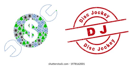 Winter Covid composition wrench repair price, and textured Dj red round watermark. Collage wrench repair price is organized from Covid-2019 virus, forest, and frost symbols.