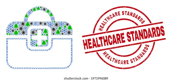 Winter Covid mosaic first-aid case, and unclean Healthcare Standards red round stamp imitation. Mosaic first-aid case is created of Covid-2019, fir tree, and snow symbols.