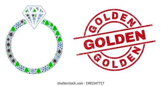 Winter Covid mosaic jewelry ring, and unclean Golden red round stamp imitation. Mosaic jewelry ring is composed from Corona virus, green tree, and snow flake items.