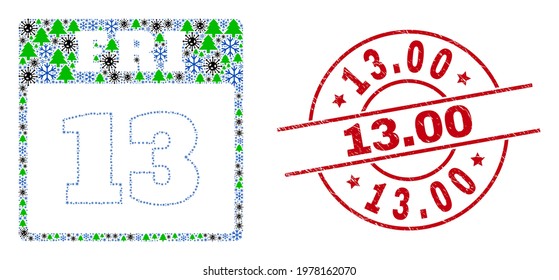Winter Covid-2019 collage 13th Friday calendar page, and grunge 13.00 red round stamp imitation. Collage 13th Friday calendar page is composed from SARS virus, fir-tree, and snow symbols. Red 13.