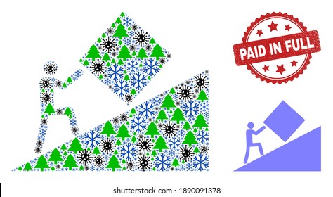 Obra absurda del collage de invierno Covid-2019 y caucho Paguado con sello rojo completo. Se crea un trabajo absurdo de collage de los íconos de Covid-2019, fir-tree, y nieve.