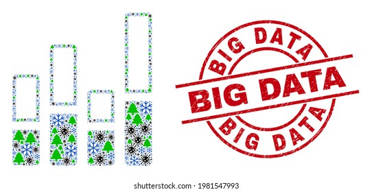 Winter Covid-2019 Collage Balkendiagramm und kratzte Big Data Rot Rundstempel Druck. Collage Balkendiagramm wurde mit SARS-Virus, grünen Bäumen und Schneeelementen entworfen.