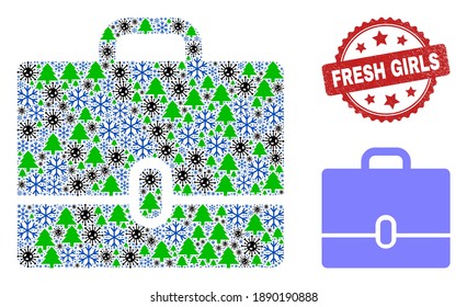 Winter Covid-2019 Sammelgehäuse und Fresh Girls Rosette Stempel. Der Mosaikkoffer besteht aus Covid-2019, grünen Baum und Schneesymbolen. Rot Fresh Girls Stempel Robbe verwendet Rosette Form.