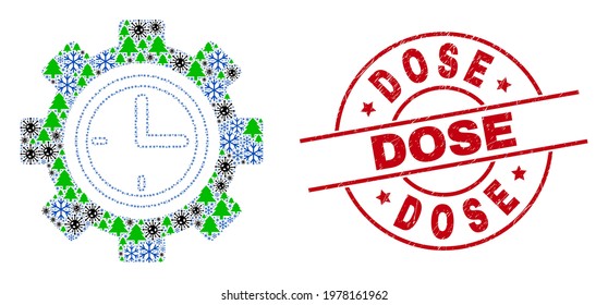 Winter Covid-2019 collage clock setup wheel, and textured Dose red round stamp. Collage clock setup wheel is created of SARS virus, fir-tree, and ice crystal items.