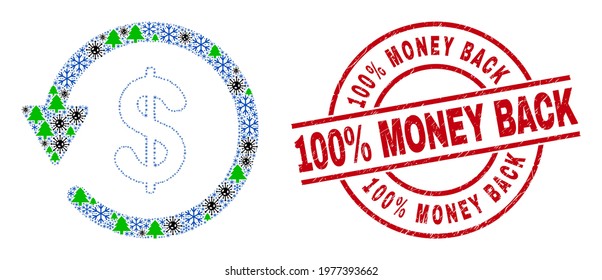 Winter Covid-2019 collage dollar refund, and distress 100 percent Money Back red round stamp seal. Mosaic dollar refund is designed of Covid, green tree, and snowflake icons.