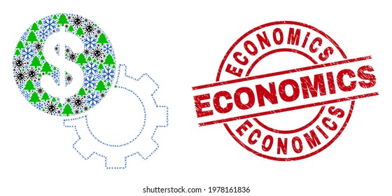 Winter Covid-2019 collage dollar setup gear, and scratched Economics red round seal. Mosaic dollar setup gear is formed from viral, fir-tree, and frost icons.