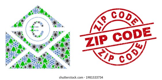 Winter Covid-2019 collage euro mail, and rubber Zip Code red round stamp imitation. Collage euro mail is formed of Covid-2019, fir tree, and frost symbols. Red Zip Code seal uses circles and lines.