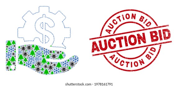 Winter Covid-2019 Collage Financial Service Offer, And Dirty Auction Bid Red Round Stamp Imitation. Mosaic Financial Service Offer Is Designed From Covid, Fir Tree, And Snow Icons.