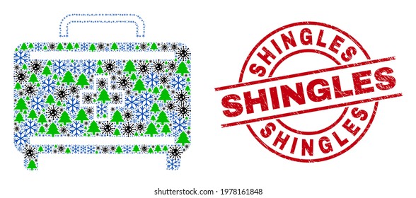 Winter Covid-2019 collage first aid case, and dirty Shingles red round stamp. Collage first aid case is designed of Covid-2019 virus, fir-tree, and snow items.