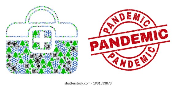 Winter Covid-2019 collage first-aid case, and scratched Pandemic red round stamp print. Collage first-aid case is formed with Covid-2019 virus, fir tree, and snow symbols.