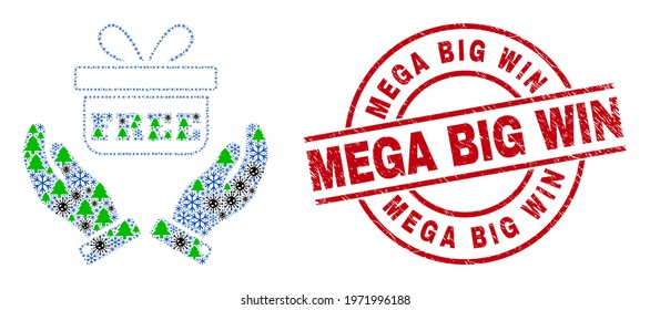 Winter Covid-2019 collage hands give gift, and unclean Mega Big Win red round seal. Collage hands give gift is formed from Covid, green tree, and snow flake items.