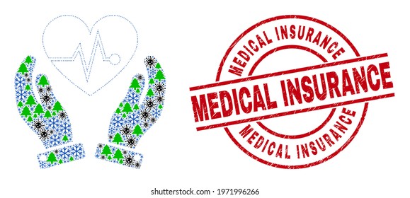Winter Covid-2019 collage heart surgery care hands, and dirty Medical Insurance red round stamp print. Collage heart surgery care hands is organized of virus, fir-tree, and frost icons.