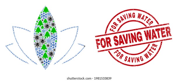Winter Covid-2019 collage lotus, and grunge For Saving Water red round stamp print. Collage lotus is designed from Covid-2019, green tree, and snow icons.
