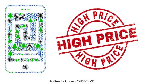 Winter Covid-2019 collage mobile shekel account, and High Price red round badge. Collage mobile shekel account is made from viral, green tree, and frost icons.