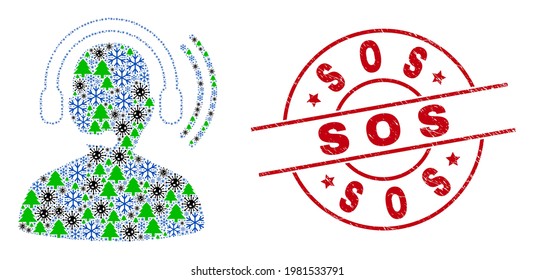 Winter Covid-2019 collage radio operator headset, and textured Sos red round badge. Collage radio operator headset is done from Covid-2019, green tree, and frost icons.