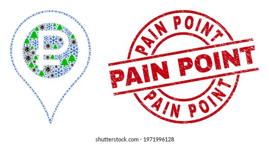 Winter Covid-2019 collage rouble map marker, and scratched Pain Point red round stamp print. Collage rouble map marker is organized of Covid, fir-tree, and frost icons.