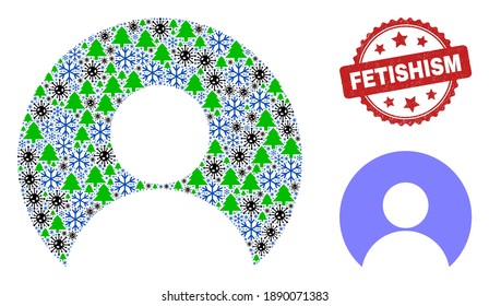 Winter Covid-2019 collage user account, and distress Fetishism red rosette seal. Collage user account is formed with SARS virus, fir tree, and snow flake symbols.