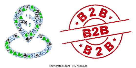 Winter Covid-2019 combination bank location, and textured B2B red round stamp seal. Collage bank location is designed of virus, green tree, and snow flake symbols.
