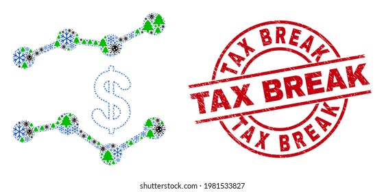 Winter Covid-2019 Combination Dollar Trend Charts, And Distress Tax Break Red Round Stamp Imitation. Collage Dollar Trend Charts Is Constructed From Covid-2019, Fir Tree, And Ice Crystal Items.