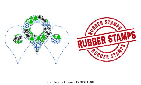 Winter Covid-2019 combination map markers, and textured Rubber Stamps red round stamp seal. Collage map markers is created from infection, forest, and snow items.