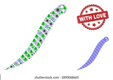 Winter Covid-2019 combination worm, and textured With Love red rosette stamp seal. Mosaic worm is constructed of covid- 2019 virus, fir tree, and snowflake symbols.