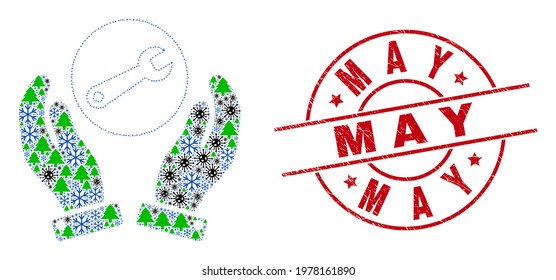 Winter Covid-2019 combination wrench repair hands, and textured May red round watermark. Mosaic wrench repair hands is designed from Covid-2019, fir tree, and snowflake symbols.