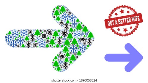 Winter Covid-2019 composition arrow right, and Get a Better Wife red rosette watermark. Collage arrow right is designed from Covid-2019, fir tree, and ice crystal icons.