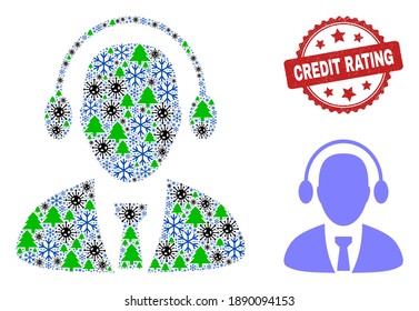 Winter Covid-2019 Kompositionskontaktcenter-Betreiber und Grunge Credit Rating rote Rosette Stempel. Der Collage Call Center Operator besteht aus Covid-, Tannenbaum- und Schneesymbole.