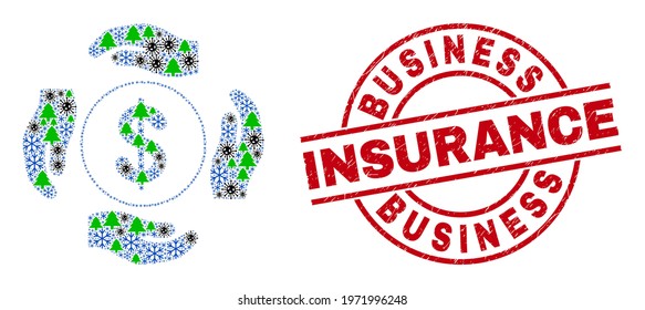 Winter Covid-2019 composition dollar care hands, and scratched Business Insurance red round seal. Collage dollar care hands is formed with Covid-2019 virus, fir-tree, and snow items.
