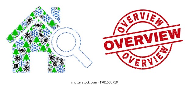 La composición del Winter Covid-2019 explora la realidad y la impura marca de agua rojiza de la Visión General. El collage explora la realidad y está construido con virus Covid-2019, árboles verdes y elementos de nieve.