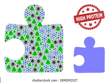 Winter Covid-2019 composition puzzle item, and unclean High Protein red rosette stamp imitation. Collage puzzle item is created from Covid, forest, and ice crystal icons.