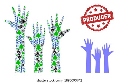 Winter Covid-2019 composition voting hands up, and distress Producer red rosette seal. Collage voting hands up is created from Covid-2019, fir-tree, and ice crystal symbols.