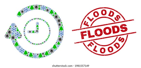 Winter Covid-2019 mosaic rotate clockwise, and Floods red round stamp. Mosaic rotate clockwise is formed from Corona virus, fir-tree, and frost icons. Red Floods stamp seal uses circles and lines.