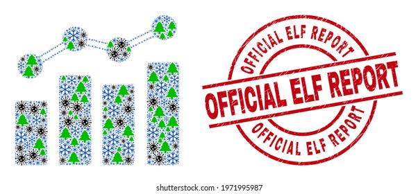 Winter Covid-2019 mosaic trend chart, and grunge Official Elf Report red round stamp seal. Collage trend chart is created from Corona virus, fir-tree, and snow symbols.