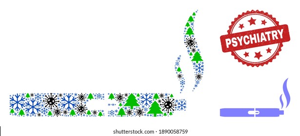 Winter Covid-2019 Mosaic Vape Smoke, And Rubber Psychiatry Red Rosette Stamp. Mosaic Vape Smoke Is Formed With Covid, Fir Tree, And Snowflake Symbols. Red Psychiatry Imprint Uses Rosette Shape.