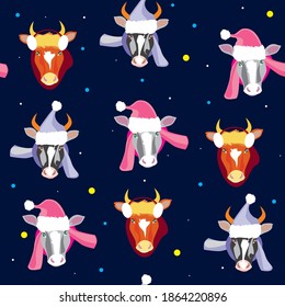 Winter cow pattern vector on blue background.