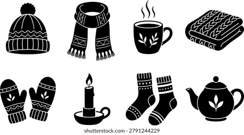Winter cozy accessories icons with hat scarf coffee blanket mittens candle socks and teapot in vector style