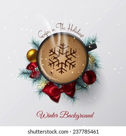 Winter cozy background with the Cup of coffee. Vector