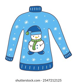 Winter cozy blue sweater with snowman and snowflakes. Seasonal warm clothes. Colorful vector isolated illustration with outline hand drawn. Season garment. Christmas and New Year time