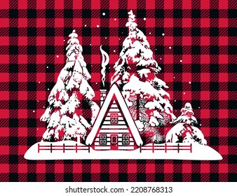 
 Winter Cozy Cabin And Snowy Christmas Trees. White Silhouette On Buffalo Plaid Background. Vector Christmas Card.