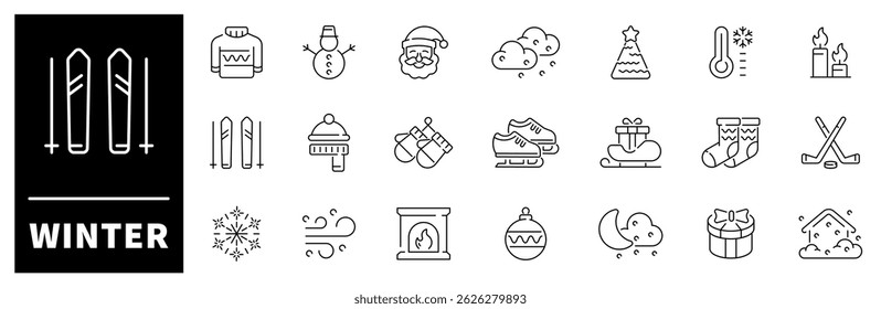 Winter cozy celebration cold weather vector outline icon set. Warm and festive elements
