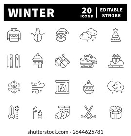 Winter cozy celebration cold weather vector outline icon set. Warm and festive elements