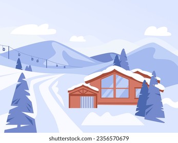 Winter cozy chalet in mountains. Ski resort landscape, christmas holidays travel and rest. Snow nature and slopes, kicky vector background