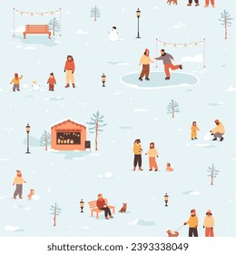 Winter cozy city life. People walking on street, skating on ice rink, family walking with dog, children makes snowman, women talking, coffee kiosk. Vector holiday illustration, seamless pattern