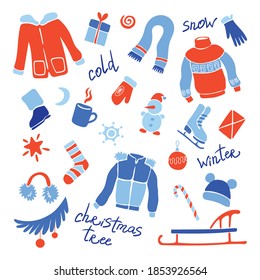 Winter. Cozy winter clothes. A set of winter items. Vector isolated illustration.