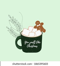 Winter cozy, cup, hot chocolate illustration, vector. Drink