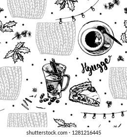 Winter cozy decorative graphic Hyugge pattern. Graphic illustration. Vector. Hyugge style. Symbols of comfortable life. Graphic seamless pattern for decorating various surfaces.