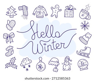 Invierno acogedor Doodle Icon Set Negro Line Art